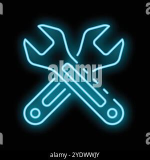 Two crossed wrenches forming a neon sign, glowing in blue, on a black background Stock Vector