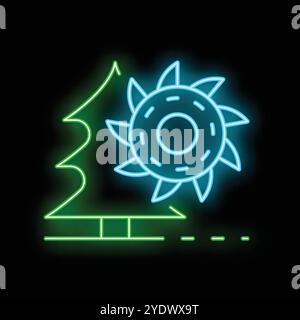 Glowing neon line icon of a tree and saw representing deforestation and the logging industry Stock Vector