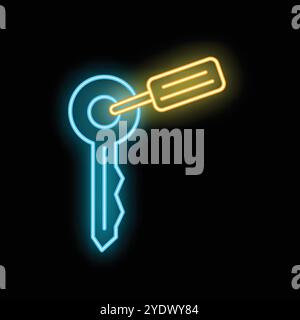 Blue neon key with yellow tag on black background Stock Vector