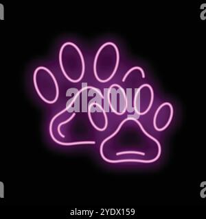Neon sign is showing two bright pink paw prints on a black background Stock Vector