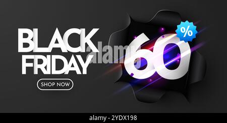 Black Friday Banner. Black ripped paper. 60 Percent Off. Vector illustration. Stock Vector