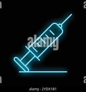 Neon syringe glowing blue with its shadow reflecting on the floor Stock Vector