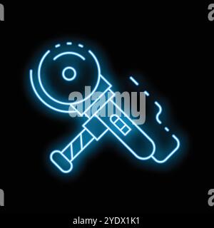 Glowing neon line electric angle grinder cutting steel metal icon isolated on black background. Industrial tool icon. Vector illustration Stock Vector