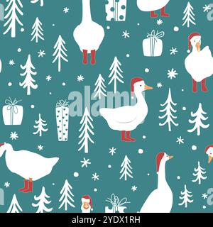 Seamless winter forest pattern with cute geese in Santa Claus hats and red boots. Merry Christmas vector background. Stock Vector