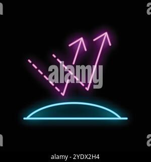 Neon icon of light reflecting from surface with arrows showing direction of light beams isolated on black background Stock Vector