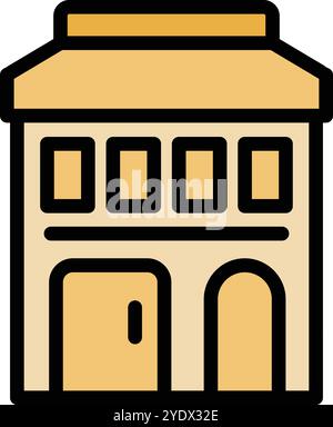 Simple vector icon of a two story building facade with an awning, multiple windows, and two doors on the bottom floor Stock Vector
