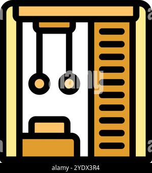 Simple icon representing a swedish wall bars with gymnastic rings and a bench for working out at home Stock Vector