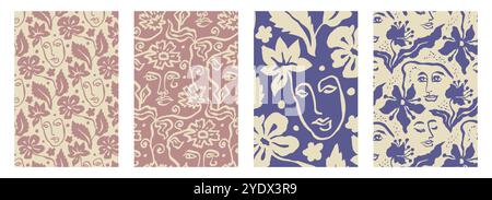 Vertical posters or cards set with ink wash drawings of abstract female face and flowers silhouettes Stock Vector