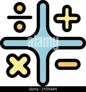 Basic math symbols of adding, subtracting, multiplying, and dividing are shown on a blue cross Stock Vector