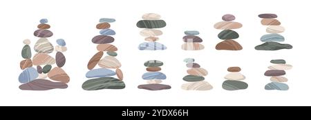 Pyramids made of pebbles. Balanced structures made up of smooth zen stones, rounded shapes, different textures and sizes. Smooth stony surface. Harmon Stock Vector