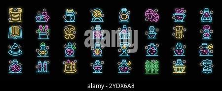 Glowing neon icons depicting various witchcraft elements create a vibrant and magical atmosphere Stock Vector