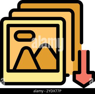 Red down arrow indicates an active download of a photo album containing landscape pictures Stock Vector