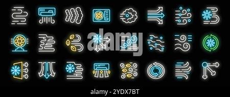 Neon icons represent ventilation, air conditioning, airflow, and temperature control, highlighting efficient cooling and heating systems Stock Vector