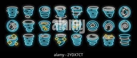 Hurricane twirling with clouds and destruction debris, typhoon twisting fast in neon glowing style Stock Vector
