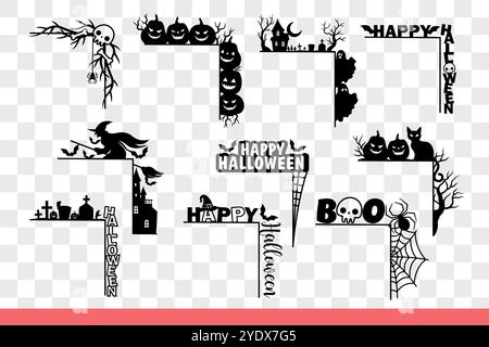 Halloween decorations on corners and frames for photos or cards with scary elements and titles. Flying witch and jack-o-lanterns on corners with symbols of halloween holiday. Hand drawn. Stock Vector