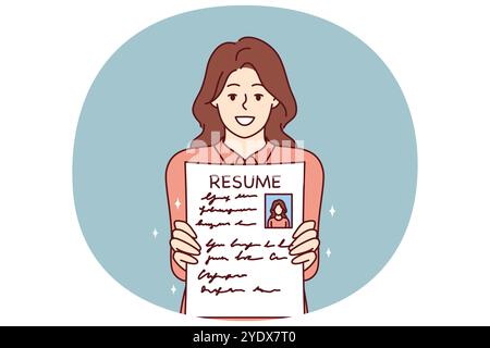 Woman shows resume to find job and smiles, wishing to get vacant position in large corporation. Concept recruiting business or help in writing resume for job seekers looking for job with big salary Stock Vector
