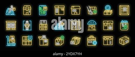 Neon icons representing various aspects of parcel delivery, including couriers transporting packages, storage, tracking, and diverse box types Stock Vector