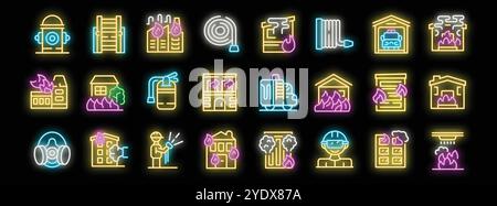 Neon icons illuminating essential firefighting elements, from equipment and personnel to burning buildings and preventive measures Stock Vector