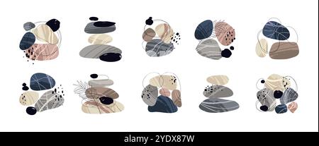Abstract compositions made of pebbles. Rounded smooth stones from coast, contemporary minimal art, different textures, botanical doodle elements, cart Stock Vector