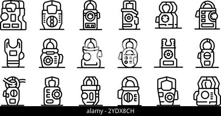 Clamp meter icons set. Dosimeters accurately measure radiation exposure, safeguarding personnel in nuclear power plants, laboratories, and other high risk settings Stock Vector