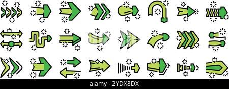 Set of various green arrows with decorative stars, pointing in different directions, symbolizing movement, progress, and direction Stock Vector