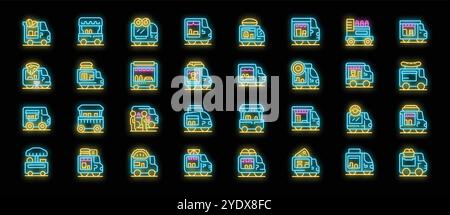 Vibrant neon food trucks icons showcasing diverse mobile culinary offerings, illuminating the street food scene with colorful and dynamic visuals Stock Vector