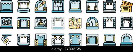 Collection of scene icons representing various stages equipped with lighting and sound systems, suitable for concerts, conferences, and theatre performances Stock Vector