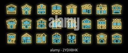 Glowing neon icons representing various architectural styles of houses and city buildings, illuminating urban landscapes and residential areas Stock Vector