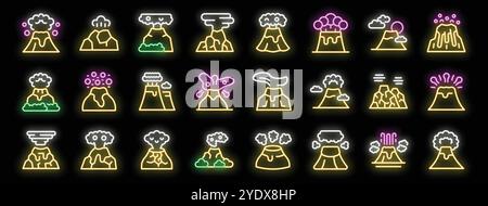 Set of colorful neon volcano eruption icons glowing on black background, representing different stages and types of volcanic activity Stock Vector