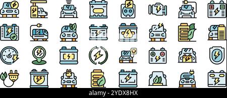 Diverse set of electric car charging icons representing sustainable transportation, battery technology, and eco conscious driving Stock Vector