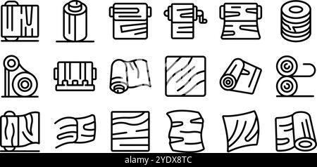 Cellophane stretch film icons set. Birch veneer icons set, outline style. Birch bark, rolled wood and natural material for plywood production Stock Vector