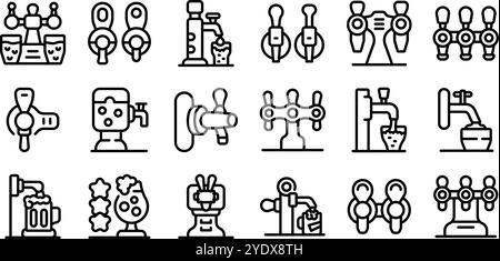 Beer taps icons set. Beer tap handles pouring fresh beverages into glasses, representing various brewery and pub equipment Stock Vector