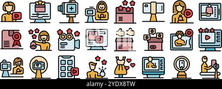 Vloggers using various platforms and equipment to create and share content, reviews, and tutorials Stock Vector