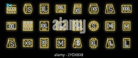 Neon glowing yellow icons representing clothing sizes from extra small to extra extra large, ideal for fashion design, dressmaking and sewing concepts Stock Vector