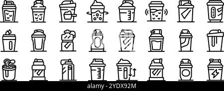 Shaker protein drink icons set. Collection of diverse protein shaker bottles, ideal for mixing supplements, workout drinks, and meal replacements Stock Vector