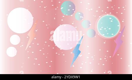 Abstract digital artwork features a vibrant red background with variety of shapes include circles flash and turquoise Stock Vector
