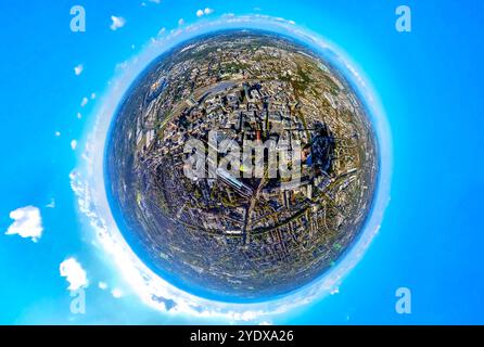 Luftbild, City Innenstadt mit Hauptbahnhof, Westenhellweg Einkaufsstraße mit Reinoldi Kirche und Thier-Galerie, Schauspielhaus, Erdkugel, Fisheye Aufnahme, Fischaugen Aufnahme, 360 Grad Aufnahme, tiny world, little planet, fisheye Bild, City, Dortmund, Ruhrgebiet, Nordrhein-Westfalen, Deutschland ACHTUNGxMINDESTHONORARx60xEURO *** Aerial view, city center with main station, Westenhellweg shopping street with Reinoldi church and Thier gallery, theater, globe, fisheye image, 360 degree image, tiny world, little planet, fisheye image, city, Dortmund, Ruhr area, North Rhine-Westphalia, Germany ACH Stock Photo