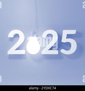 Creative representation of the year 2025, with a glowing lightbulb replacing the zero, set against a soft blue background, symbolizing innovation and Stock Photo