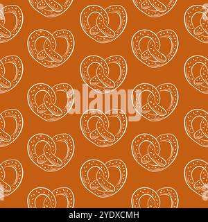 Seamless pattern of hand drawn pretzel in heart shape on brown background. Ideal for bakery, Oktoberfest theme, packaging and festive design. Stock Vector