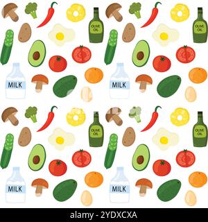 Seamless pattern with various foods like vegetables in flat style. Stock Vector