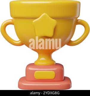 3D vector trophy cup icon with a star. Cute minimal gold winner award prize three dimensional illustration isolated on white. Stock Vector