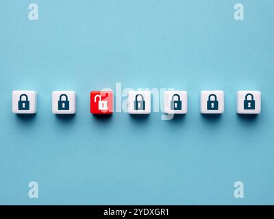 Security breach in the system. Access to private data, information and security leakage. Hacking the security wall. Open and closed padlock symbols on Stock Photo