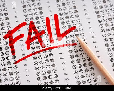 The word Fail written on a sheet of test exam paper with pencil. Failure in education, bad grades and evaluation concept. Stock Photo