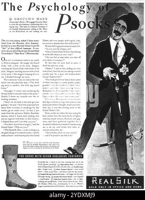 1930 Real Silk Men's Socks ad with 'Psychology of Socks' by Groucho Marx Stock Photo