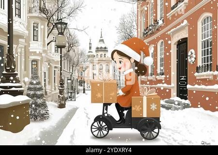 Girl wearing Santa hat sits on carriage with presents on it. She is driving in snowy urban environment. AI generated Stock Photo