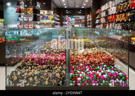 Huge pick and mix selection of sweets in a candy shop. A variety of candies on display in a pastry shop. Minsk, Belarus - October 27, 2024 Stock Photo