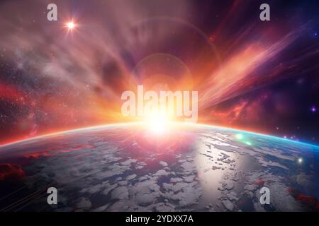 bright fantasy sunrise of the sun over planet earth elements of this image furnished by nasa Stock Photo