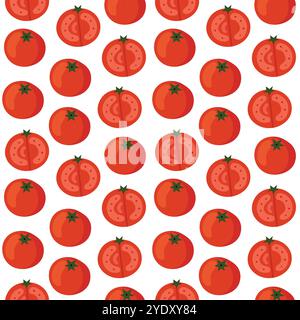 Red tomatoes seamless pattern with full and cut pieces. Fresh vegetable concept for textile print. Stock Vector