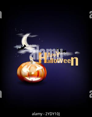 Happy Halloween text design, celebrate festival, 31october, pumpkins, ghost, bat flying, candle, moonnight, banner design on dark blue background, Eps Stock Vector