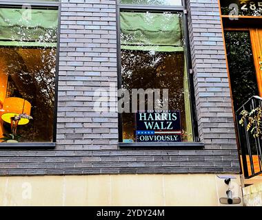 "Harris Walz Obviously" sign in an apartment building window in Cobble Hill, Brooklyn, N.Y., and a lit lamp, September 27, 2024. Stock Photo